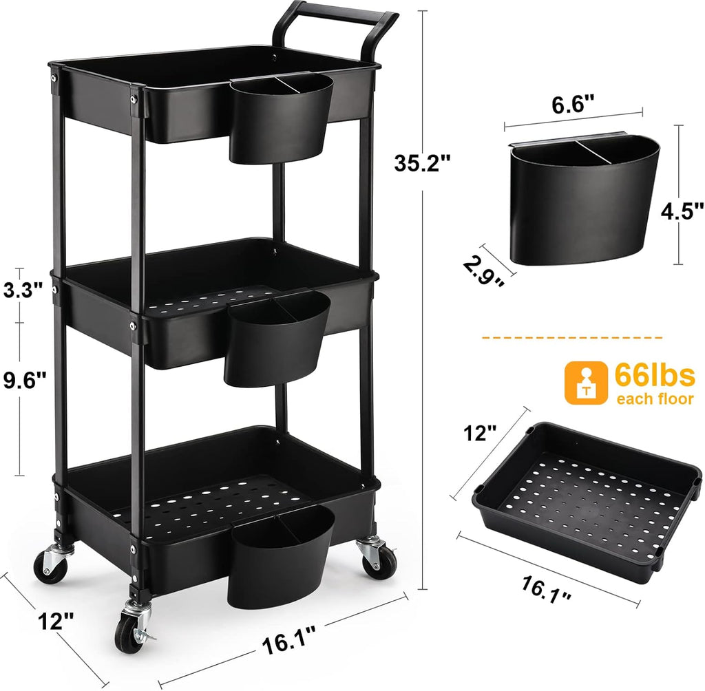 3-Tier Utility Rolling Cart,Mobile Utility Cart with Lockable Caster Wheels,Storage Shelves