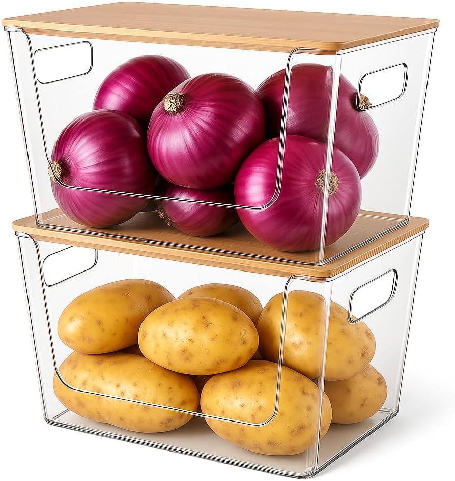 2 Set Pantry Organizers and Storage - Kitchen Organizer with Bamboo Lid for Fruit, Onion, Potato