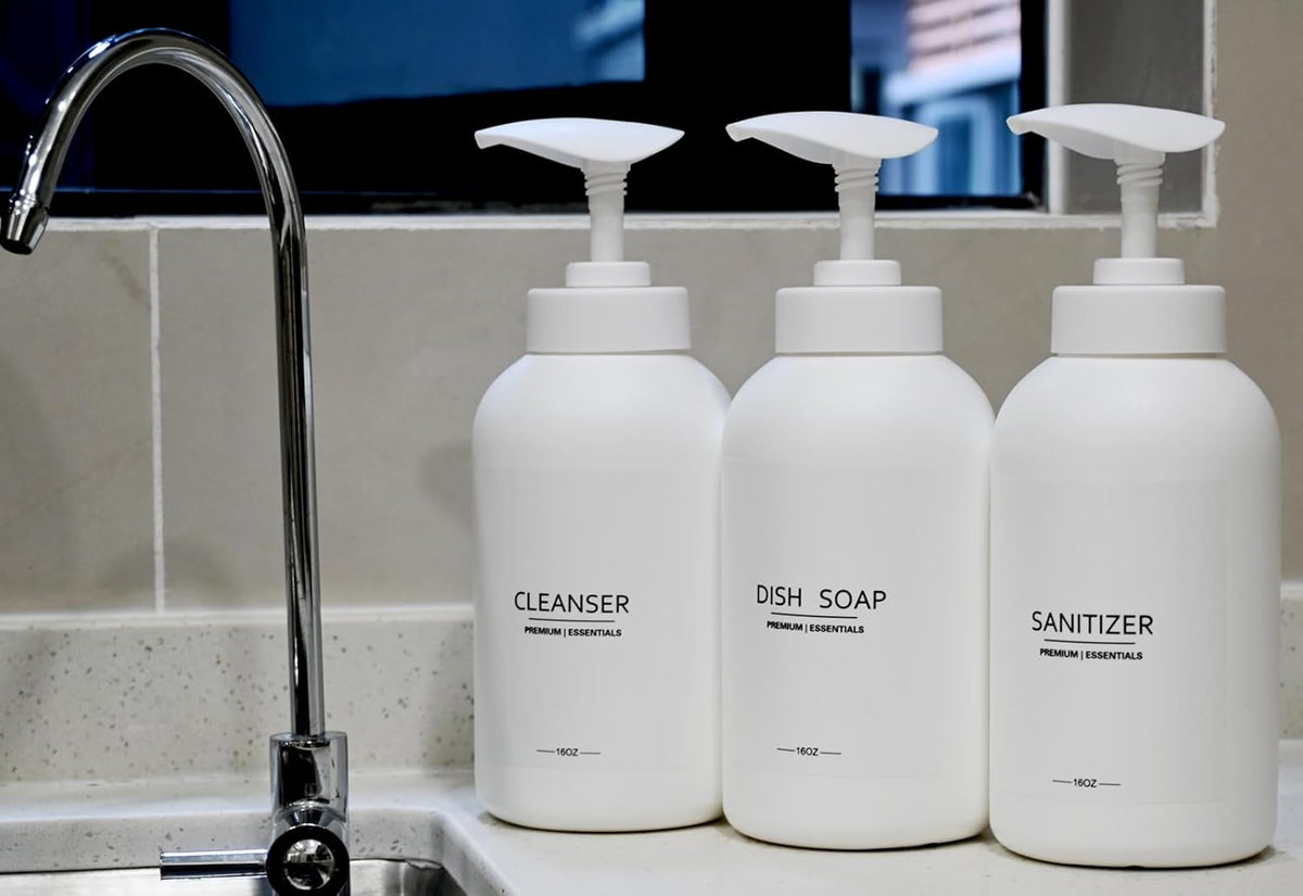 Frosted Pearl White Shampoo and Conditioner Bottles, Refillable Apothecary Dispenser Pump for