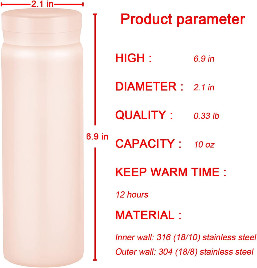 10oz Mini Water Bottle Stainless Steel Thermos Small Flask - Insulated Vacuum, Leak Proof, Keeps