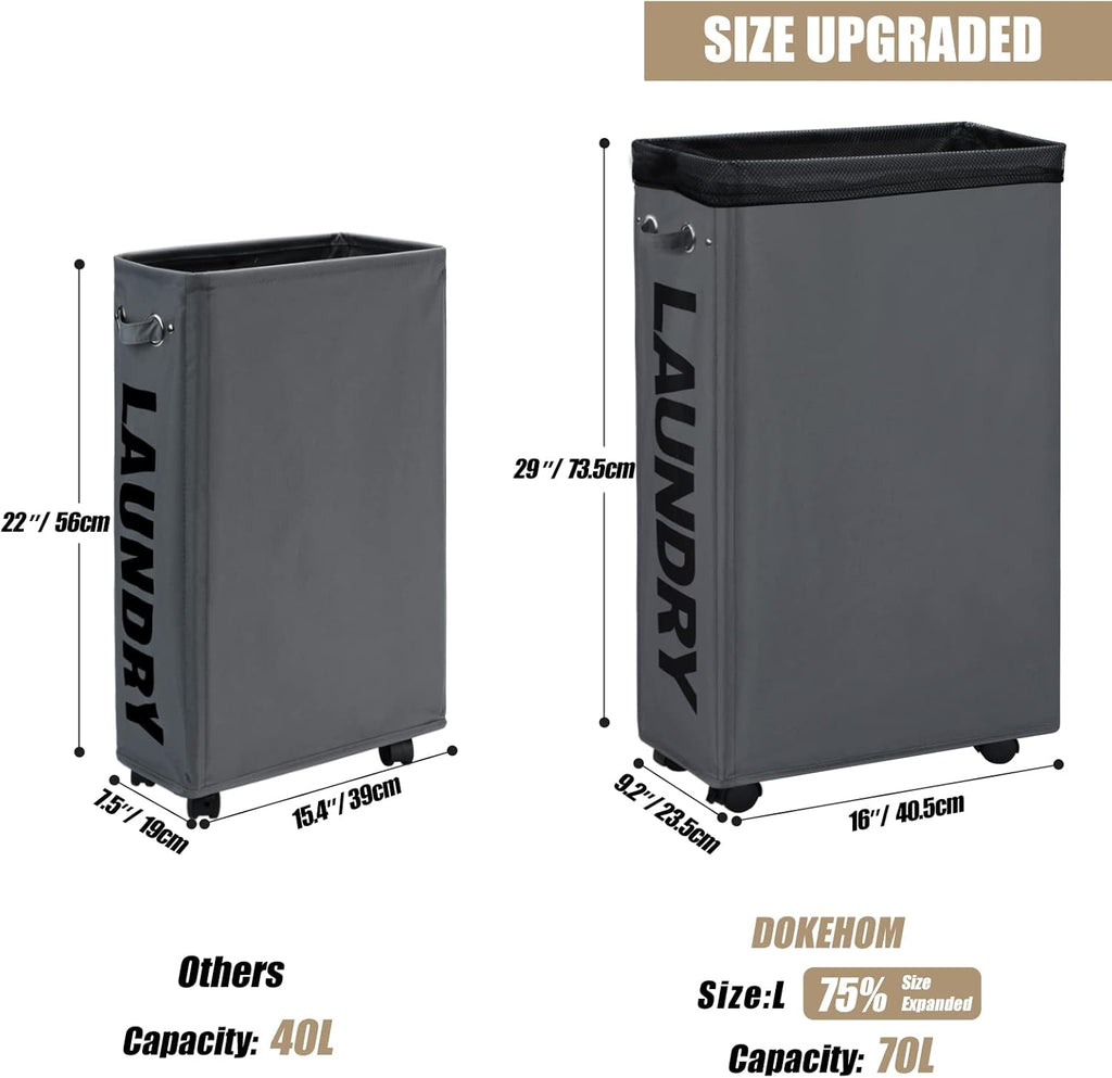 DOKEHOM 29-Inches Enlarged Slim Laundry Basket with Removable Wash Bag on Wheels, Collapsible
