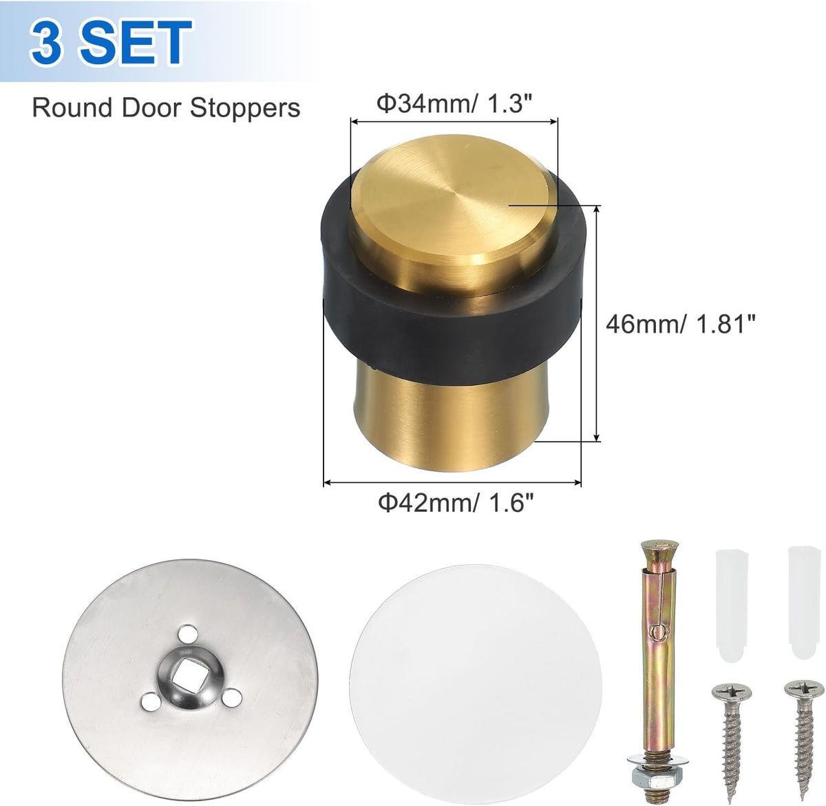 PATIKIL 3Set Round Door Stoppers, 46mm Stainless Steel Door Stop Doorstop Wedge Metal Cylinder Self
