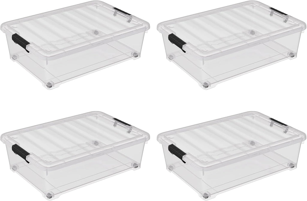 4 Pack Multipurpose 25 Qt Underbed Secure Latching Bin, Plastic Storage Container with Snap-On Lid