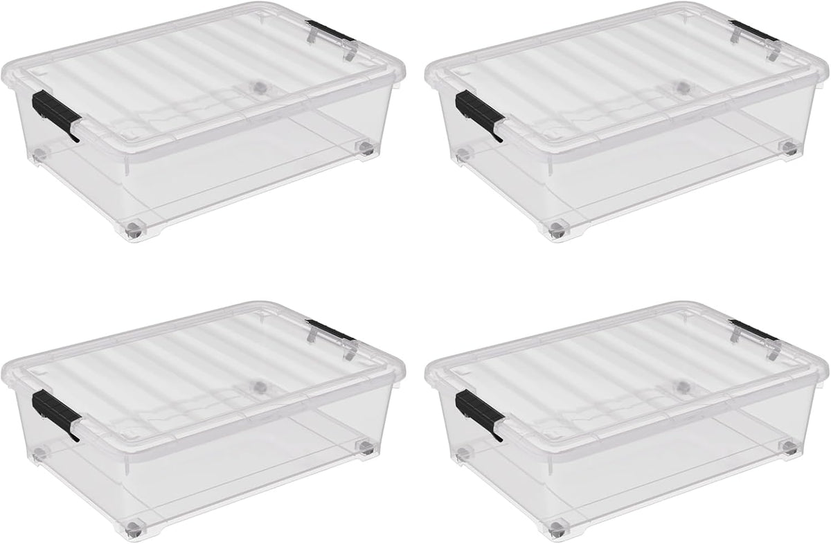 4 Pack Multipurpose 25 Qt Underbed Secure Latching Bin, Plastic Storage Container with Snap-On Lid
