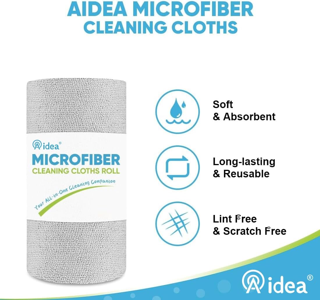 AIDEA Microfiber Cleaning Cloth Roll, Shop Towels 55 Sheets, Grey Microfiber Towels for Cars