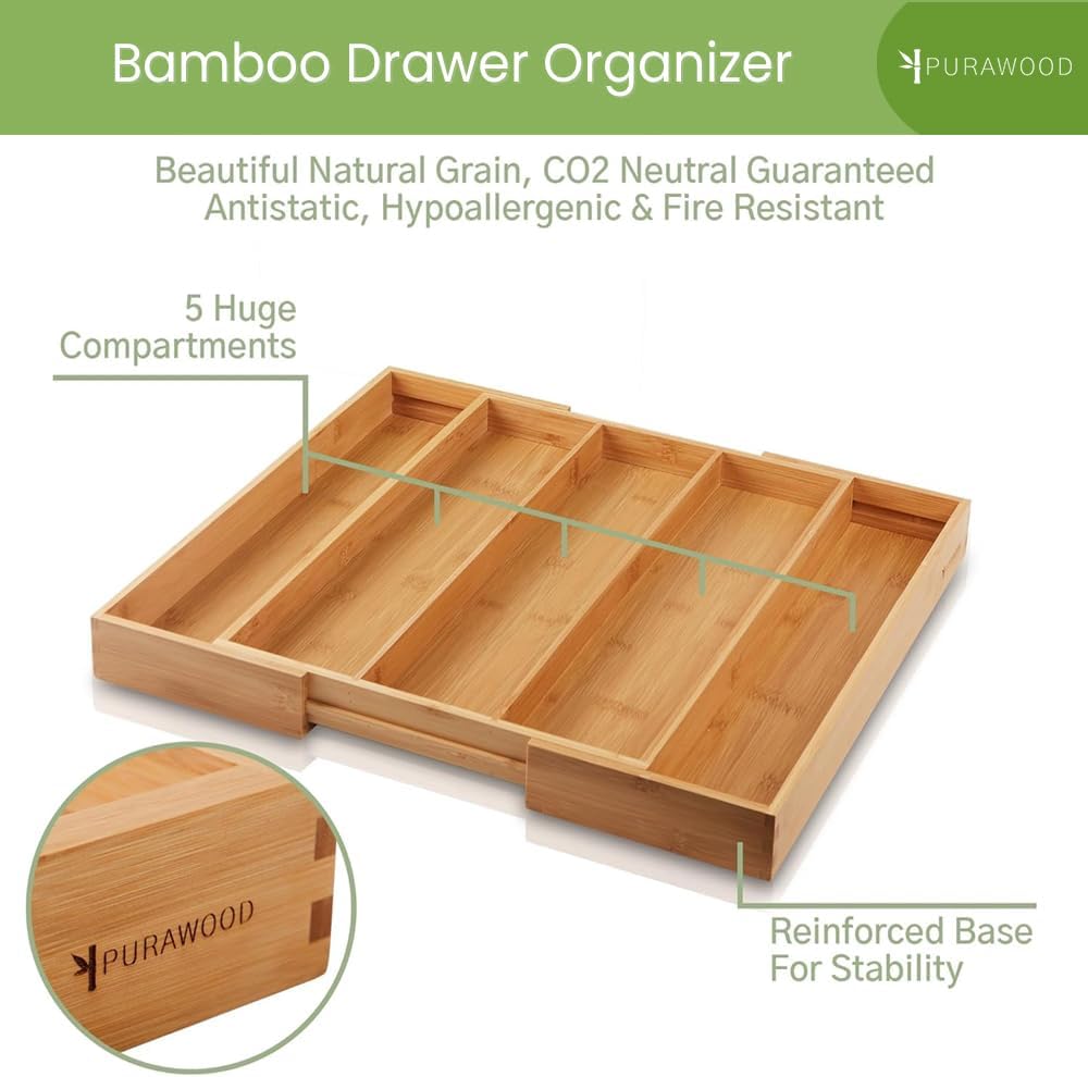 Purawood Kitchen Drawer Organizer, 2 Pack - Expandable Utensil Drawer Organizer for Kitchen