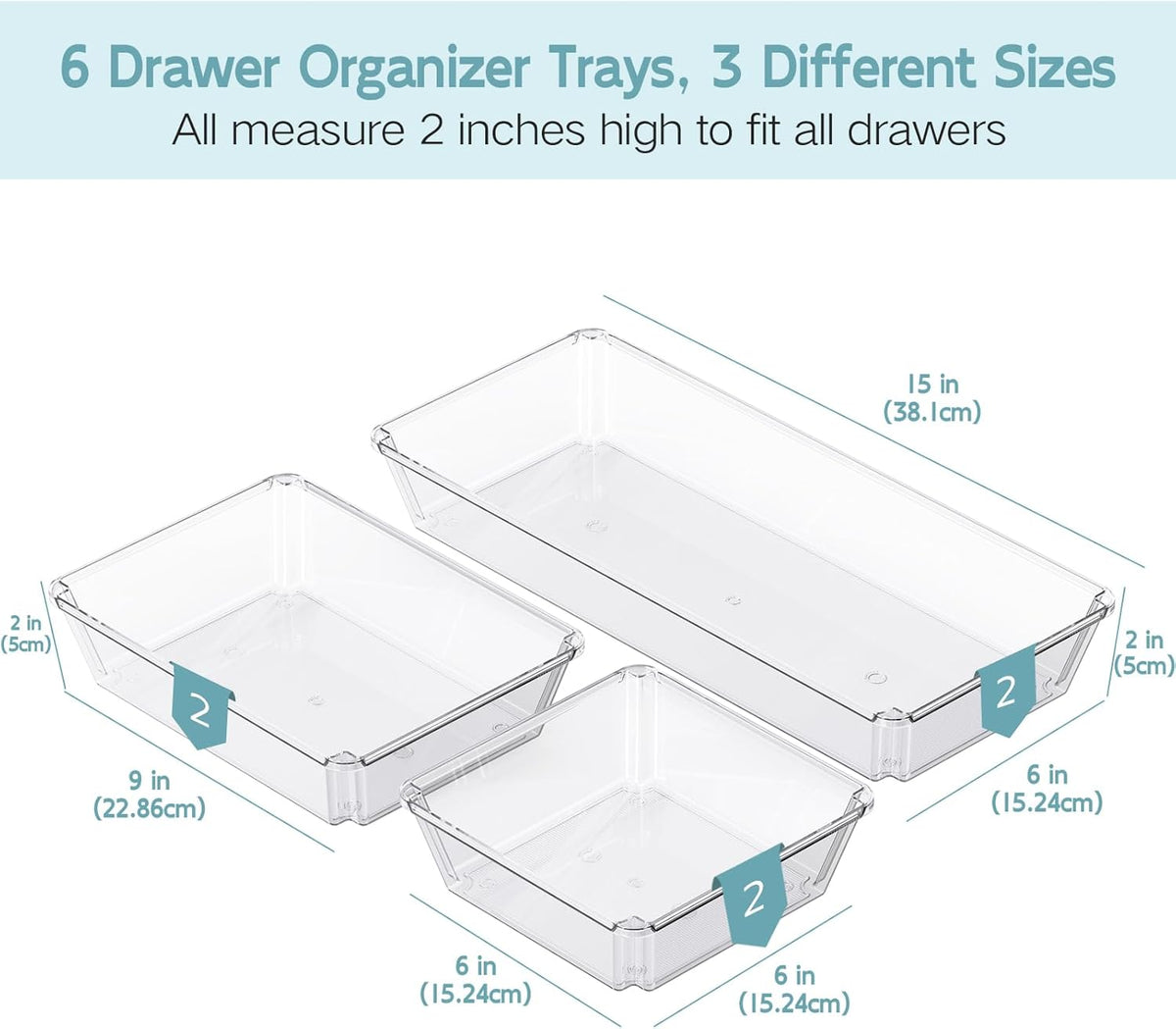 6 Pack Large Clear Plastic Drawer Organizer Trays, Desk Drawer Organizers and Storage Dividers