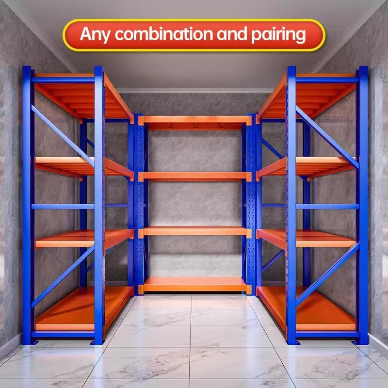 Industrial Metal Storage Shelves - Large, Heavy Duty, 4 Levels, Blue & Orange, Warehouse Racking