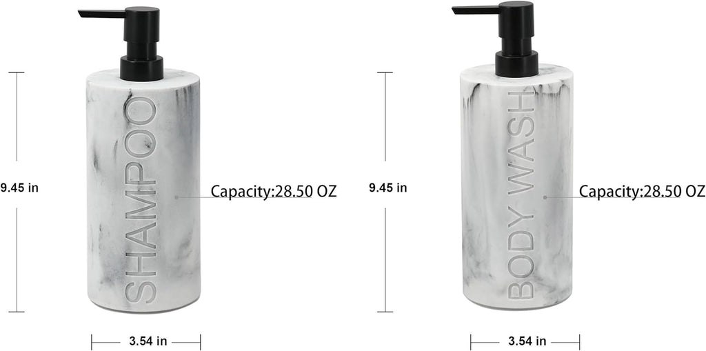 Marble Resin 2 Piece Shampoo and Body Wash Dispenser Set, Luxurious Refillable Pump Bottles with