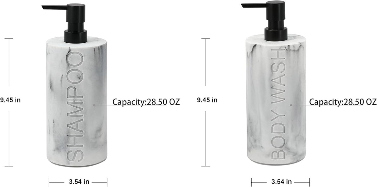 Marble Resin 2 Piece Shampoo and Body Wash Dispenser Set, Luxurious Refillable Pump Bottles with