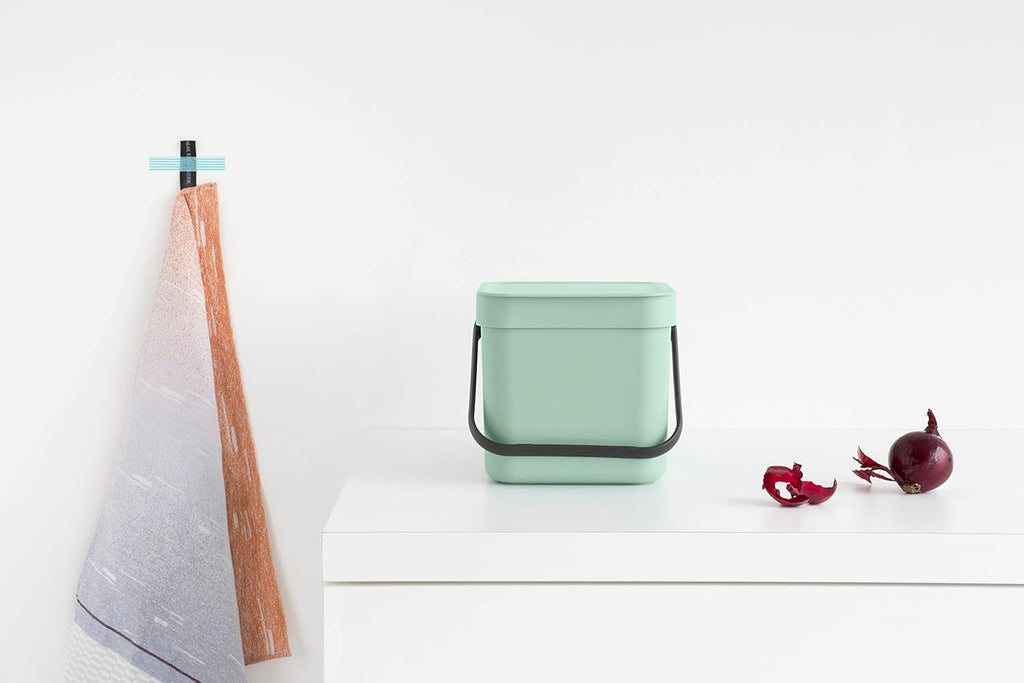 Brabantia Sort & Go Food Trash Can (0.8 Gal/Jade Green) Small Countertop Kitchen Compost Caddy with