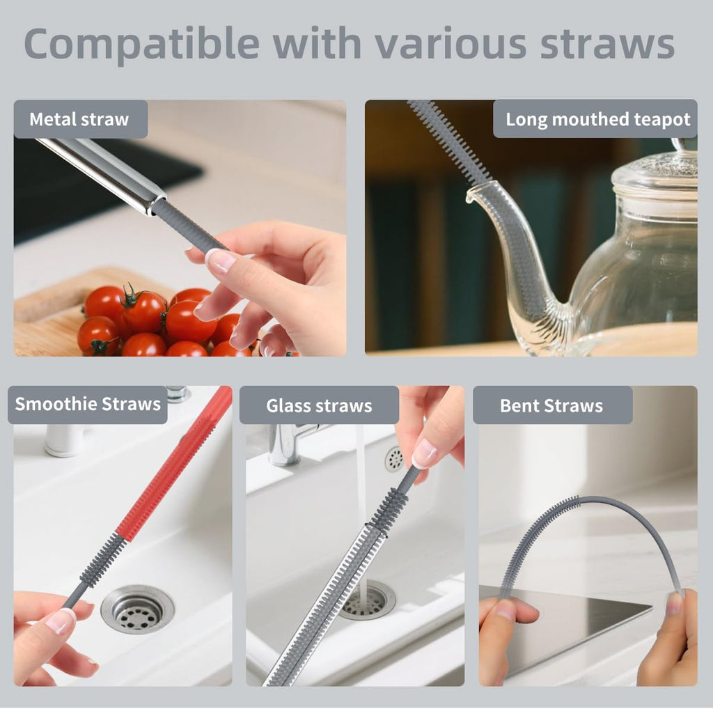 4PCS Silicone Straw Cleaner Brush, Reusable Straw Brush Extra Long for Cleaning Glass Metal