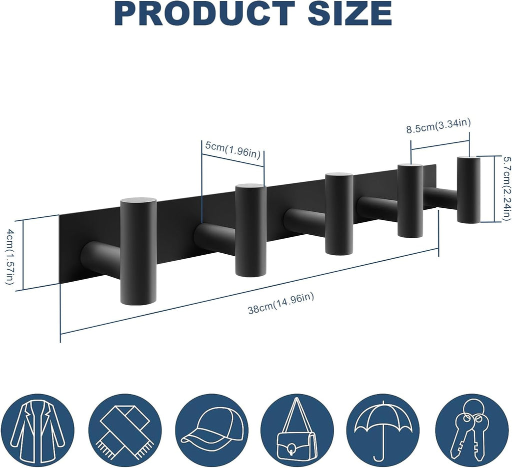 PMMASTO Coat Rack Wall Mounted, 5 "T Shaped Wall Hooks for Hanging, Heavy Duty Stainless Steel Coat