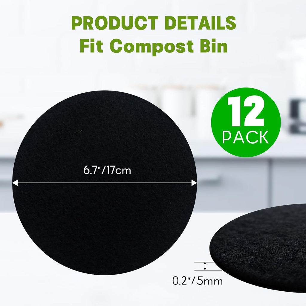 12 Pack - 6.7 Inch Round Compost Bin Charcoal Filters,Extra Thick Activated Carbon Charcoal Filters