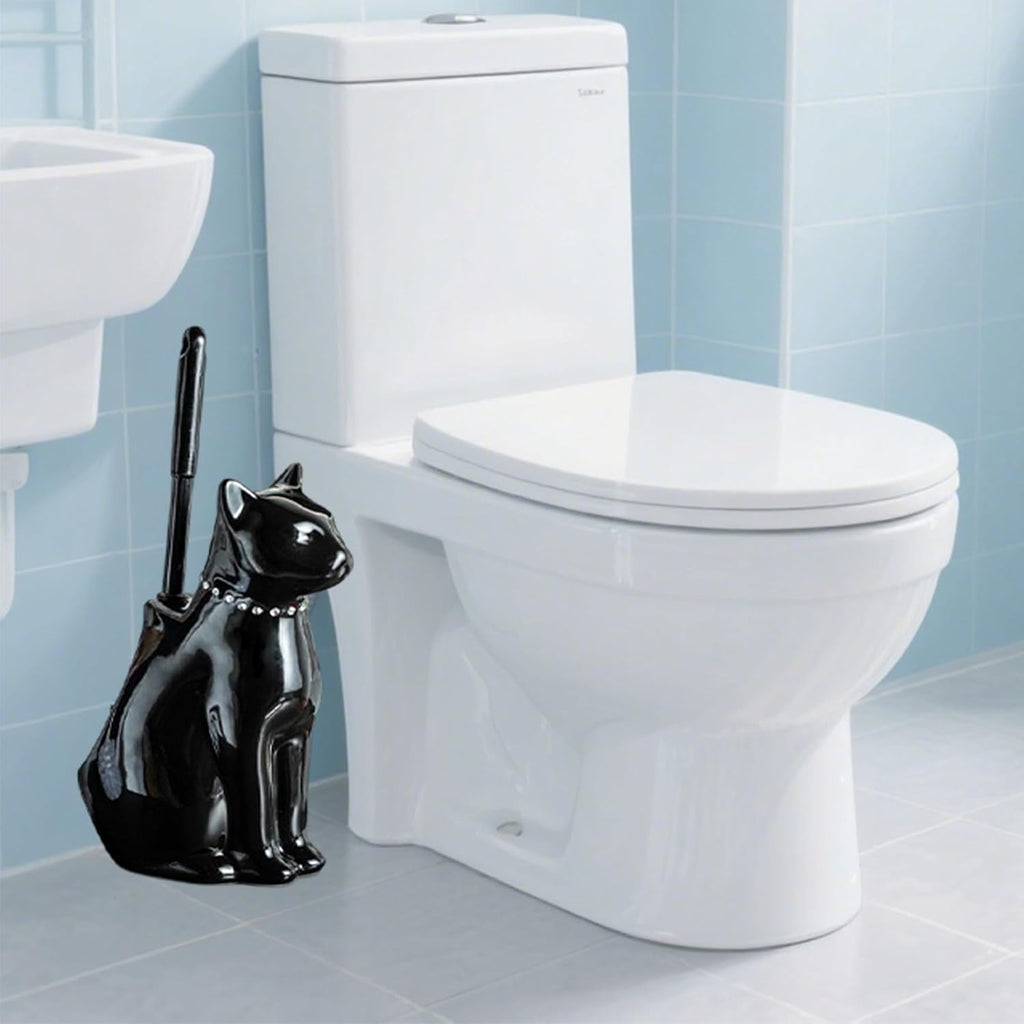 Comeon Ceramic Cat White/Black Toilet Brush and Holder Set, Plastic Handled Scrub Brush for