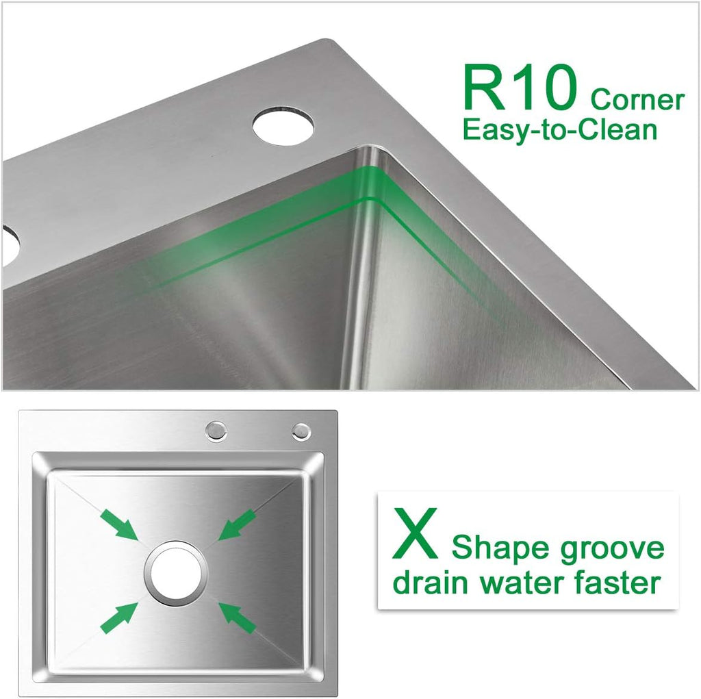 24x18 Inch Kitchen Sink Drop In, Premium T-304 Grade Stainless Steel Sink, 9" Deep Single Bowl with