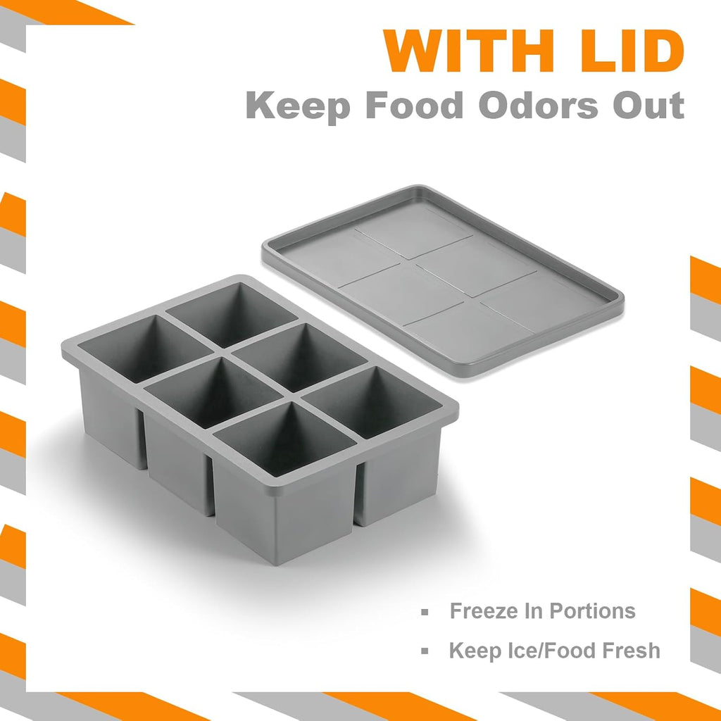 Nax Caki Silicone Large Ice Cube Trays with Lid Pack of 4, Stackable Big Square Ice Cube freezer