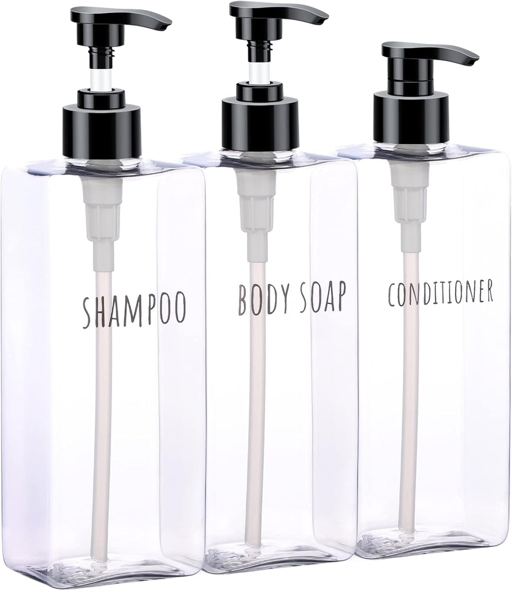 Segbeauty Clear Square Shampoo Bottles, 3pcs 16.9oz Refillable Plastic Lotion Dispenser with Pump