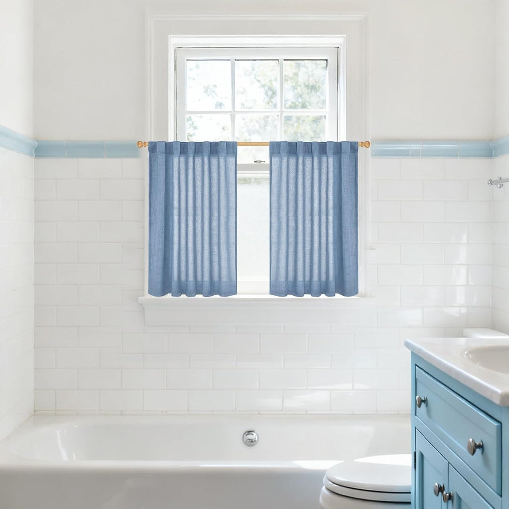 YoungsTex Denim Blue Linen Curtains 36 Inches Long for Bathroom Window, Small Drapes Light