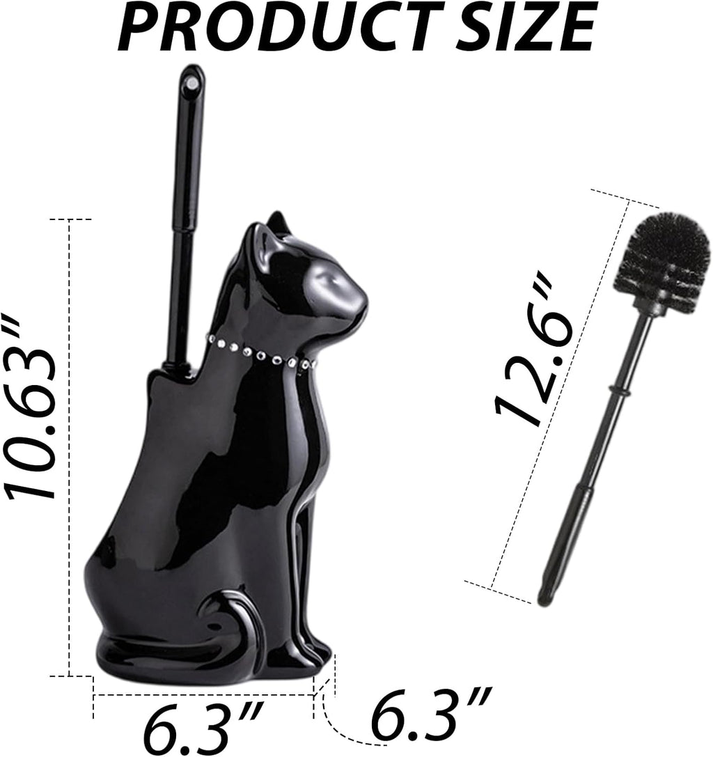 Comeon Ceramic Cat White/Black Toilet Brush and Holder Set, Plastic Handled Scrub Brush for