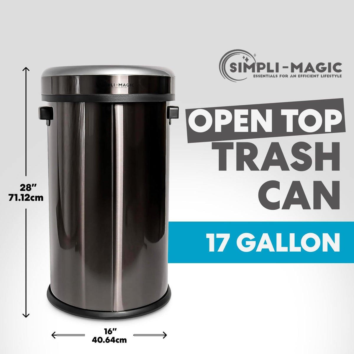 65 Liter / 17 Gallon Open Top Trash Can, Elegant Black Finish
