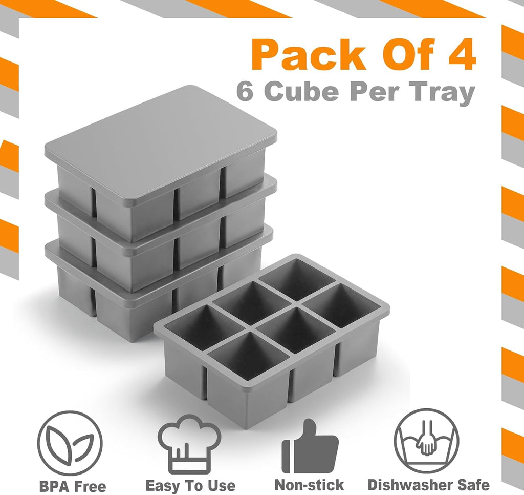 Nax Caki Silicone Large Ice Cube Trays with Lid Pack of 4, Stackable Big Square Ice Cube freezer