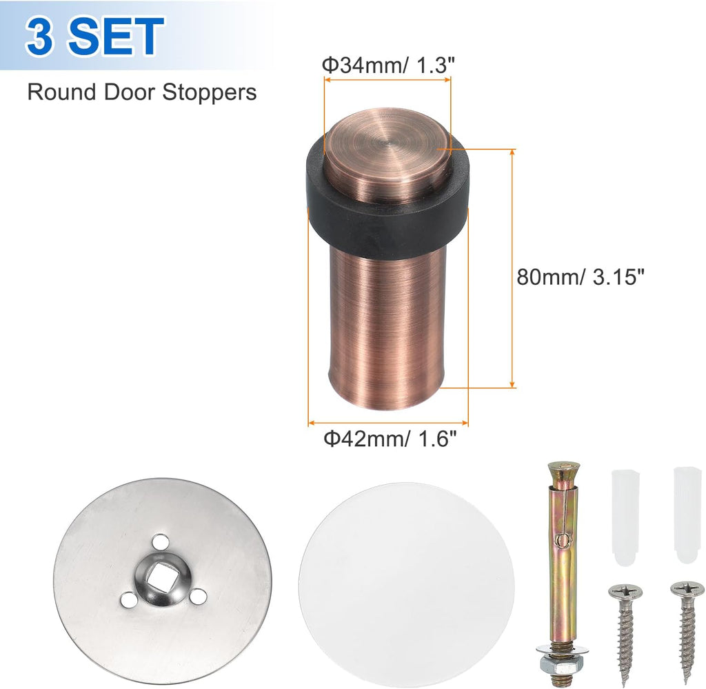 PATIKIL 3Set Round Door Stoppers, 80mm Stainless Steel Door Stop Doorstop Wedge Metal Cylinder Self