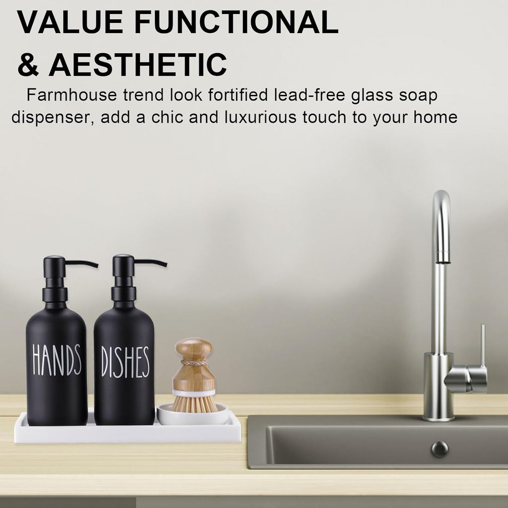 Glass Soap Dispenser for Kitchen,Farmhouse Dish &Hand Soap Dispenser Set, Rustproof Pump with Tray