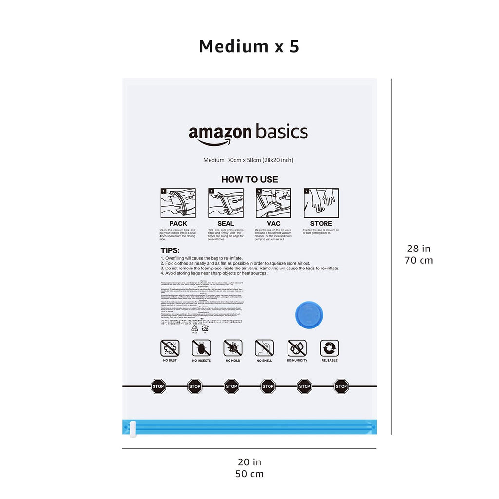 Amazon Basics Vacuum Storage Bags for Clothes, Compression Zipper with Hand Pump, Medium, White