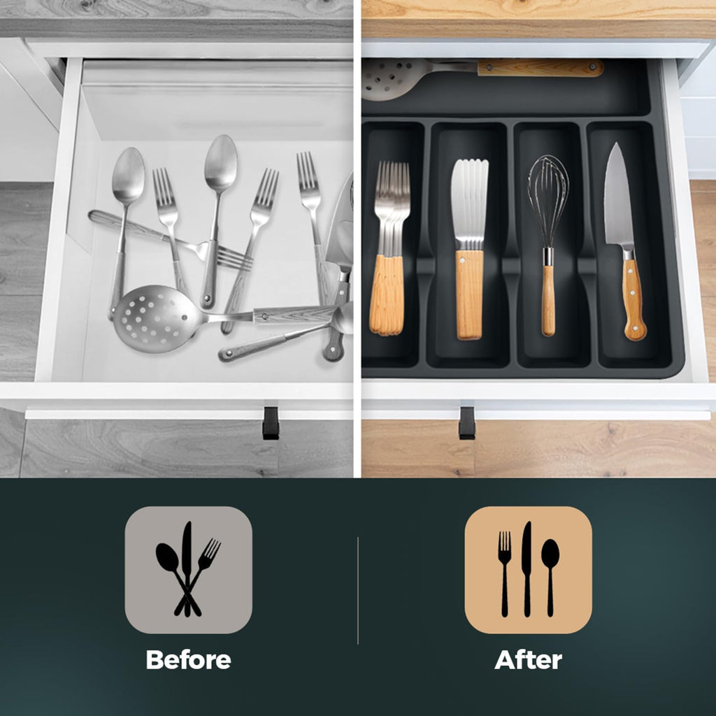Silicone Silverware Drawer Organizer – Non-Slip Utensil Holder for Kitchen Drawers | Cutlery Tray