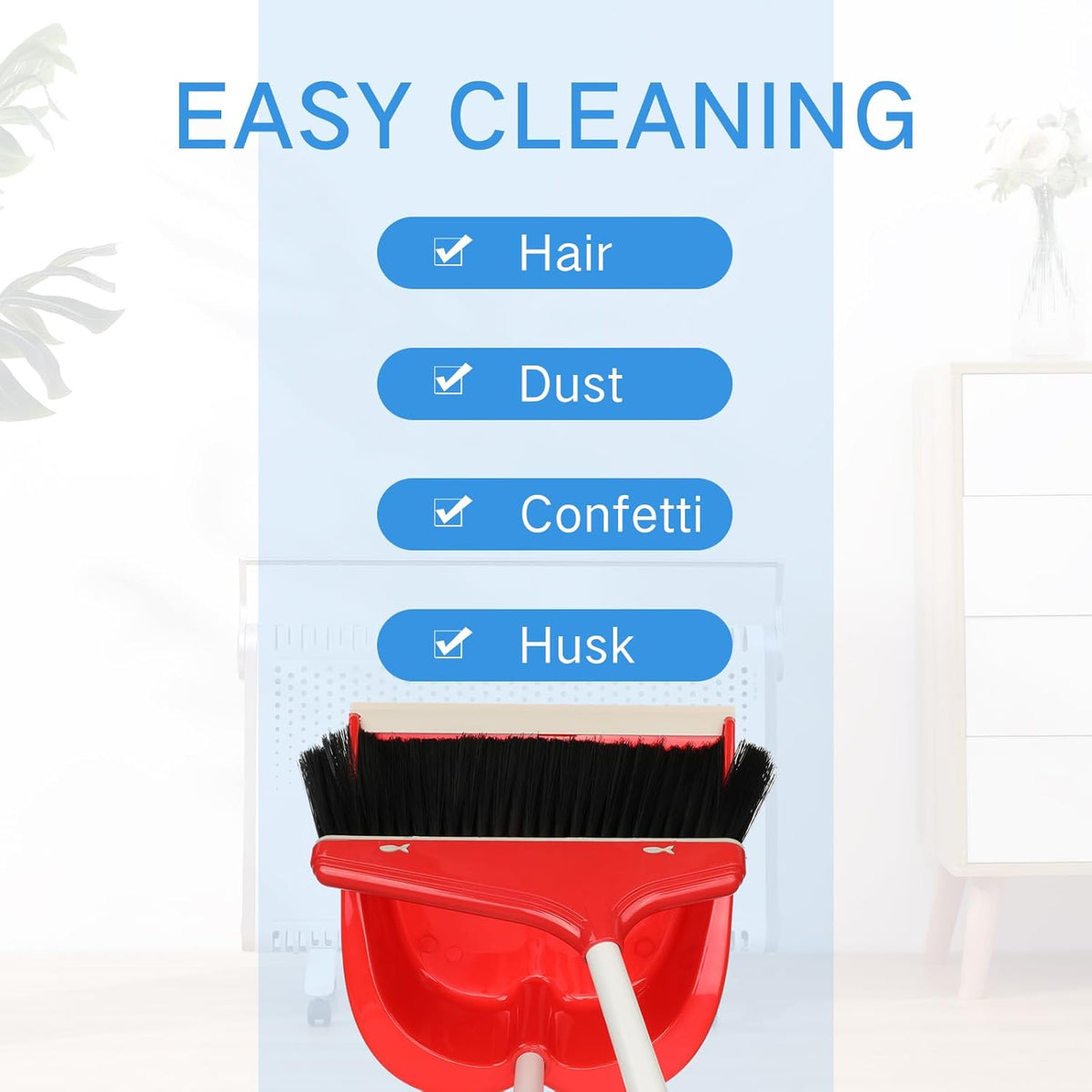 WILLBOND Set of 8 Broom and Dustpan Set Long Handle Broom with Upright Standing Dustpan Broom with