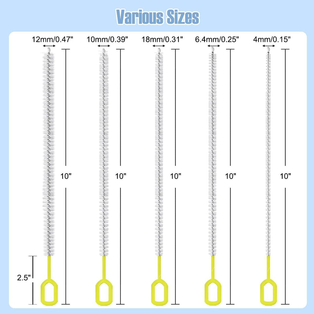 Straw Cleaner Brush Set – 10 Inch, 5 Sizes (4–12mm) Nylon Bristles – Heavy-Duty, Non-Scratch