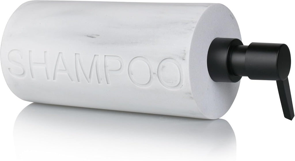 Matte White Shampoo Dispenser Modern Refillable Pump Bottle with Embossed Text, Durable Resin