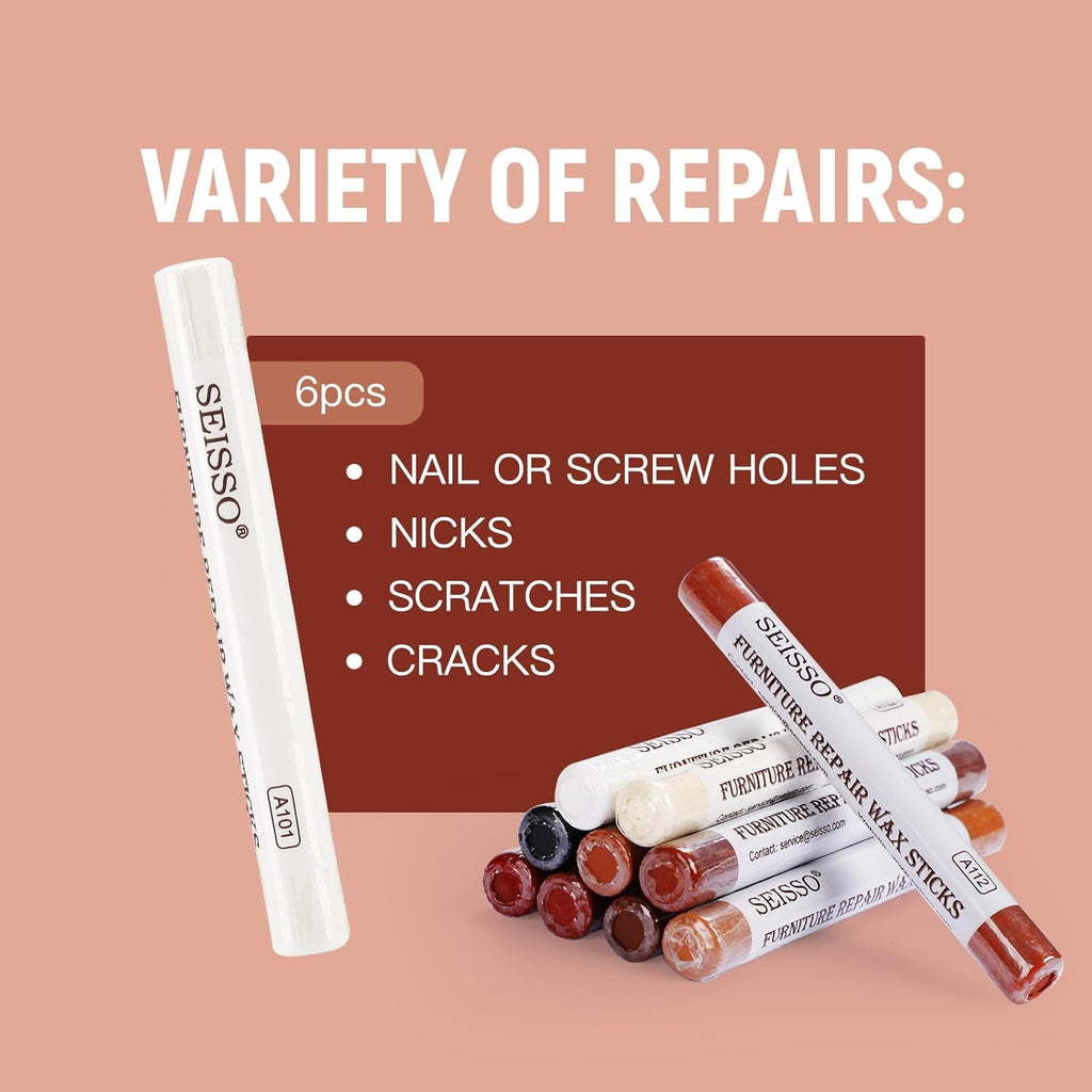 SEISSO Furniture Repair Crayon, 6 Pcs - Wood Filler Sticks, Scratch Repair Wax, Furniture Marking