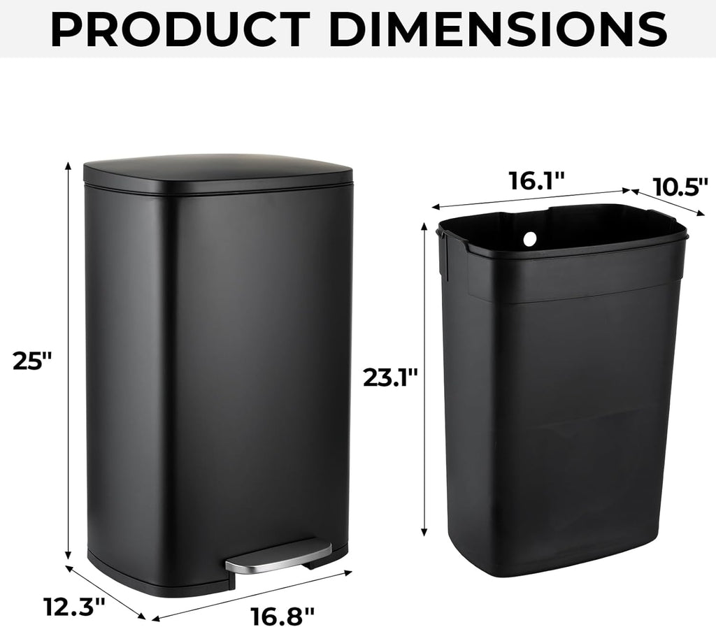 13.2 Gal Kitchen Trash Can, 50L Recycling or Garbage Bin, Brushed Stainless Steel Waste Basket