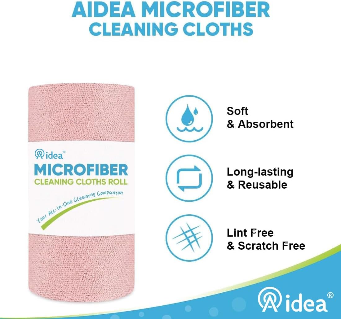 AIDEA Microfiber Cleaning Cloth Roll, 55 Sheets, Pink Towel, Microfiber Towels for Cars, Reusable