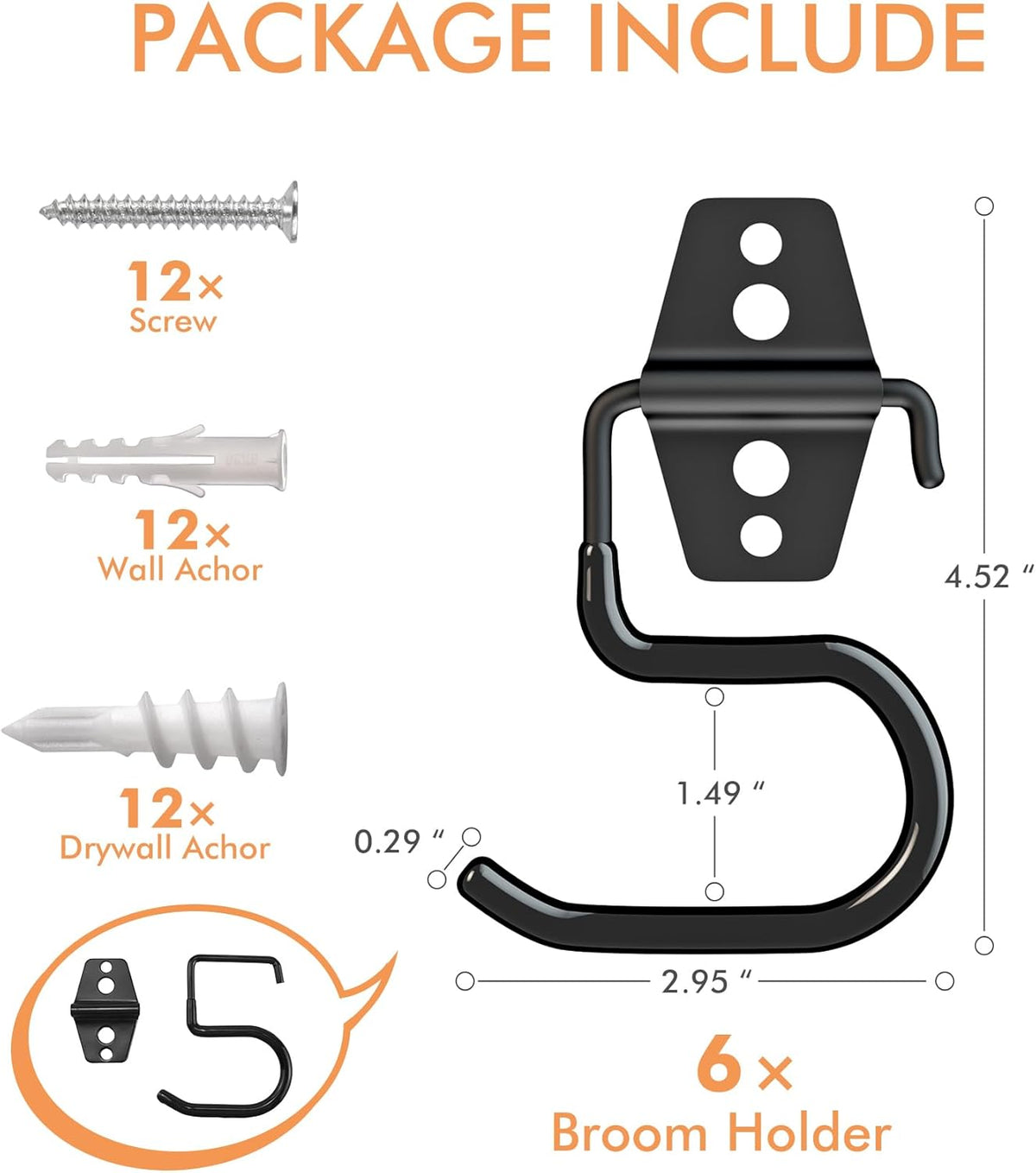 LIGHT DUST Broom Holder Wall Mount - 6 Pack Tool Hangers Garage Wall Hanging Organizer - Heavy Duty