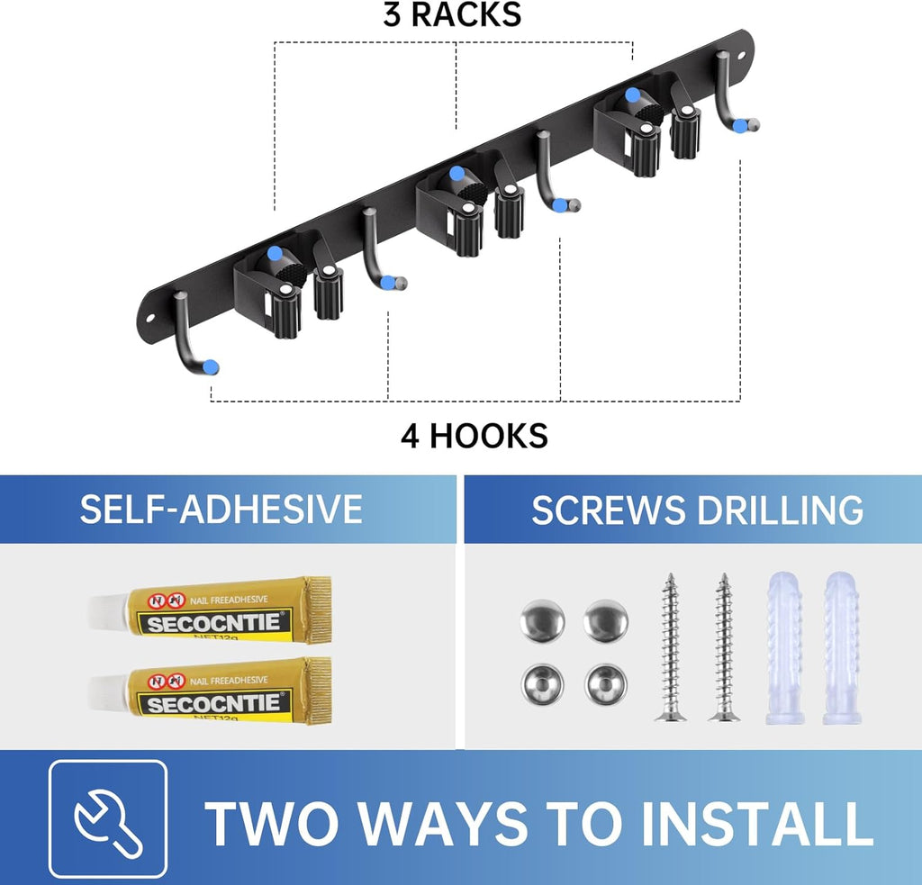 ZONGOOL 2 Pack Mop Broom Holder Wall Mount, Broom Organizer Storage Tool Racks Stainless Steel Self