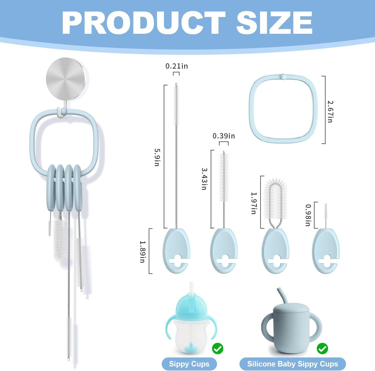 YOTIME Standing Straw Cleaner Brush Set, 4in1 Reusable Straw Brushes with Holder Ring, for Baby