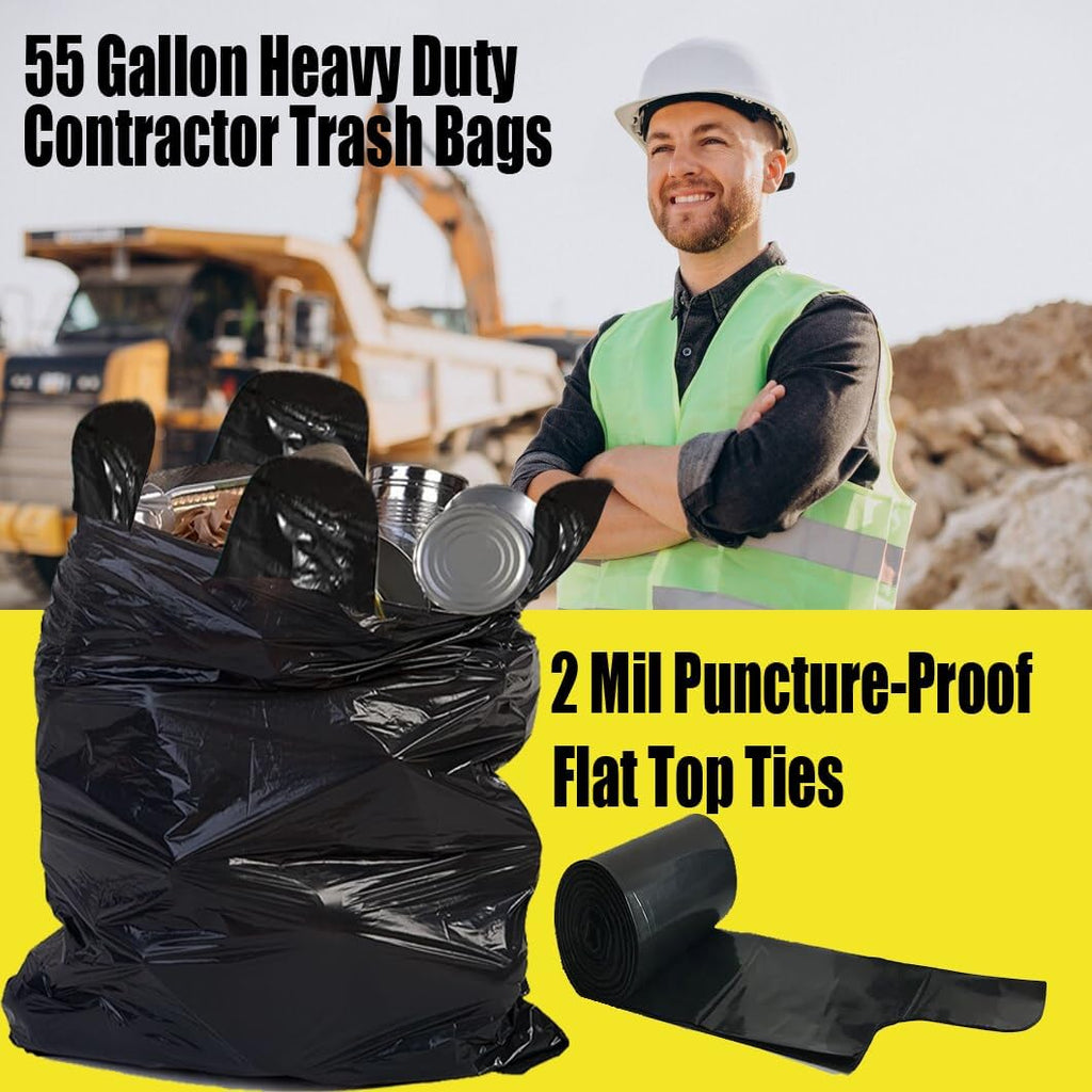 Contractor Heavy Duty Trash Bags 55 Gallon | 52 Count | 2 MIL | 36" X 56" | Large Black Flap Tie