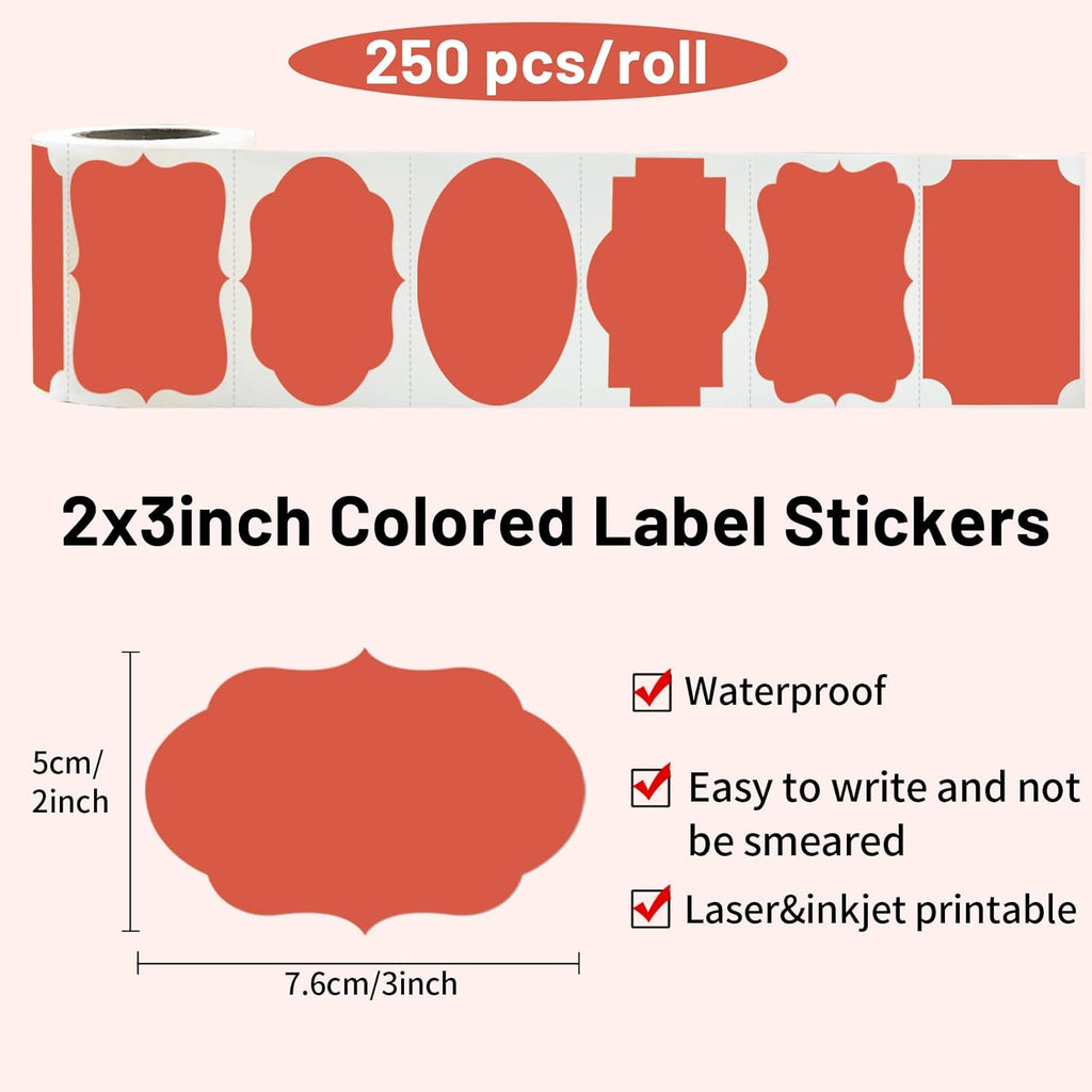 Red Labels - 250 PCS 3" x 2" Fancy Shape Stickers for Storage Box or Food Jars
