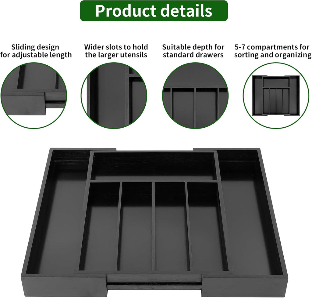 VaeFae Bamboo Drawer Organizer, Expandable Silverware Drawer Organizer, Cutlery Tray with Dividers