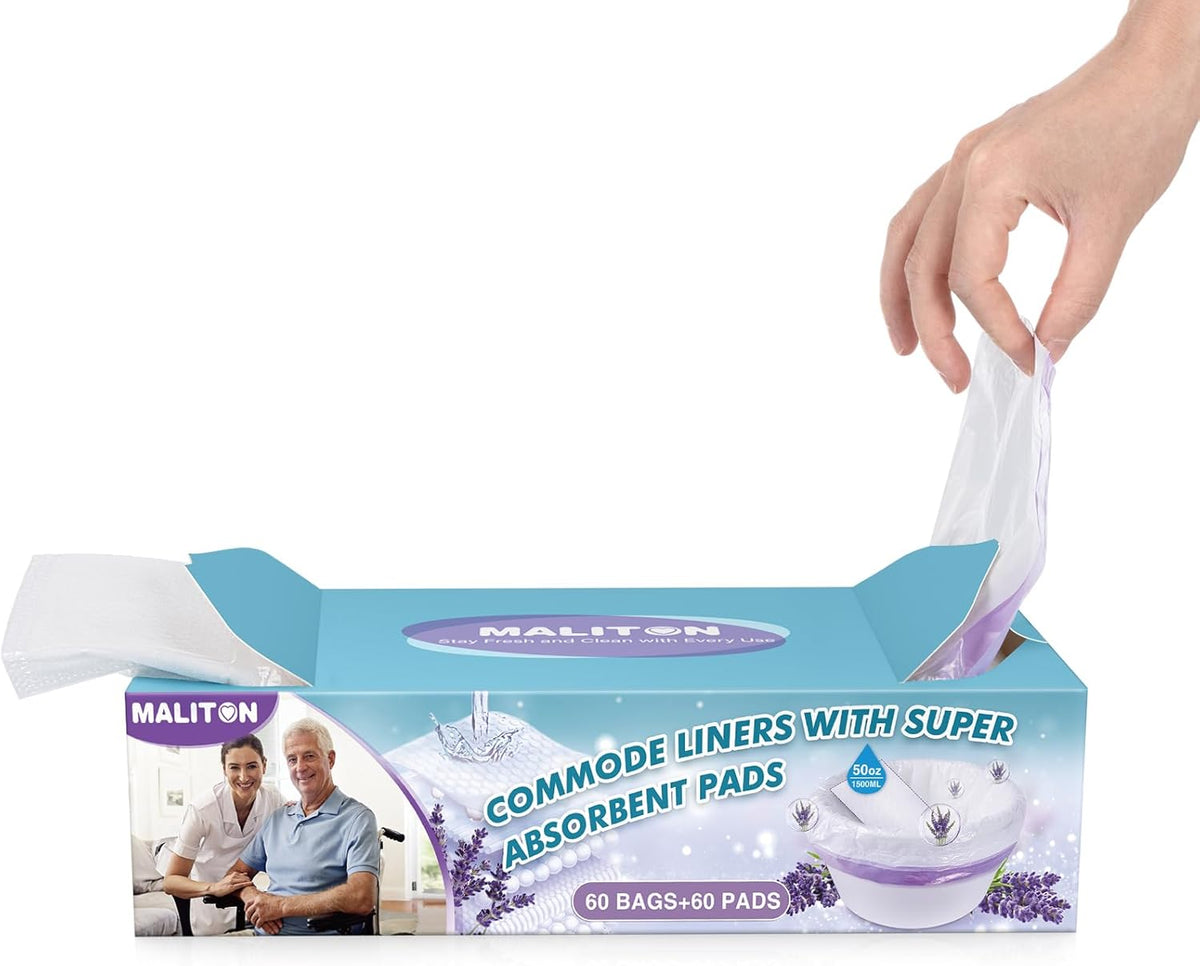 Maliton Bedside Commode Liners with Absorbent Pads, 60 Pack Disposable Bags and 60 Super Absorbent