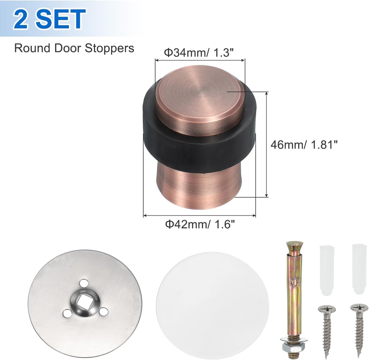 PATIKIL 2Set Round Door Stoppers, 46mm Stainless Steel Door Stop Doorstop Wedge Metal Cylinder Self