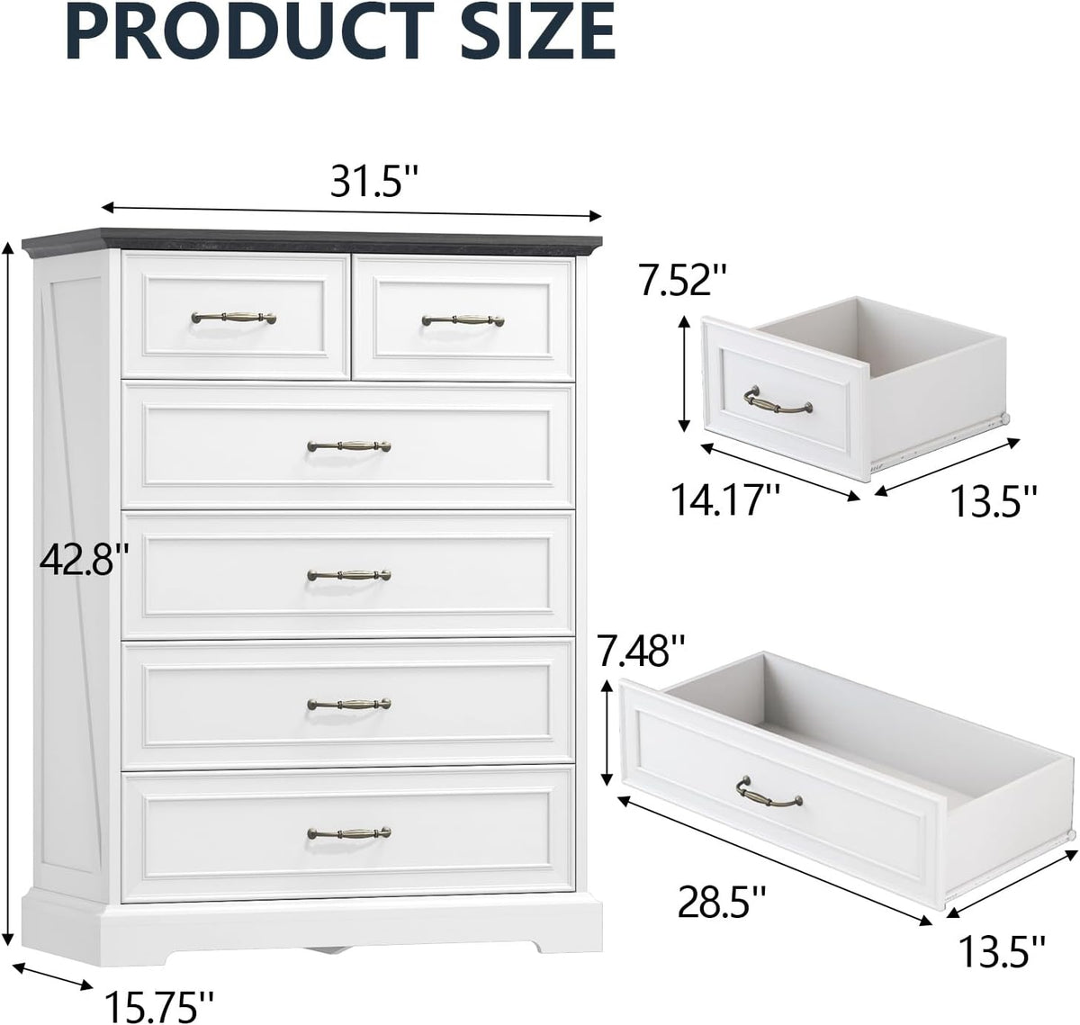 6 Drawer Dresser for Bedroom, 43" Tall Wooden Chest of Drawers, Rustic Farmhouse Dresser with Large