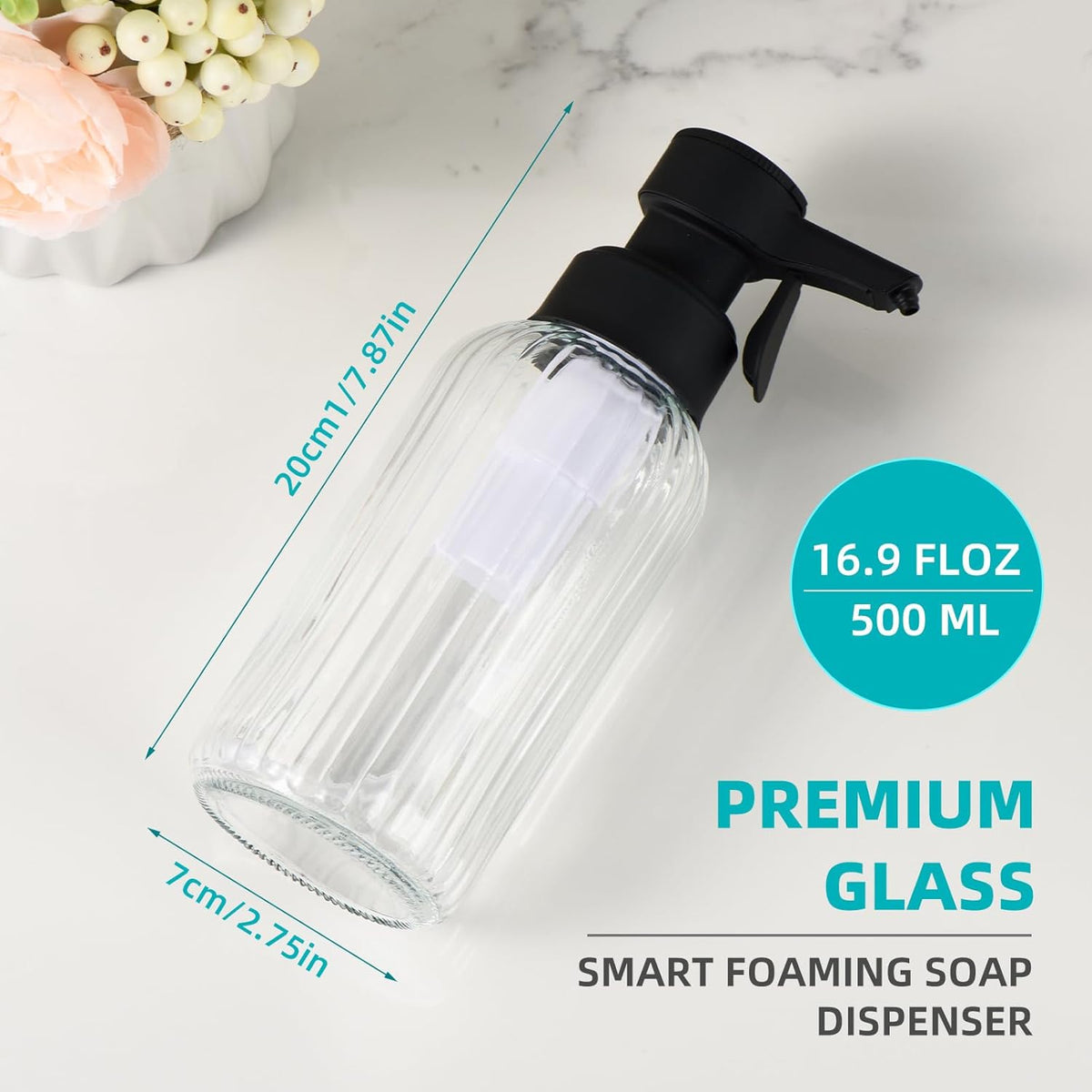 Automatic Foaming Soap Dispenser, 17oz Clear Glass Hand Soap Dispenser with ABS Touch Sensor Pump