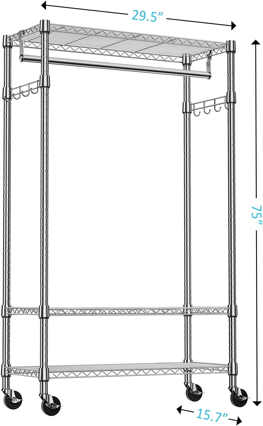 IZEUK Heavy Duty Rolling Garment Rack with 3 Adjustable Wire Shelves, Hanging Rod & Side Hooks