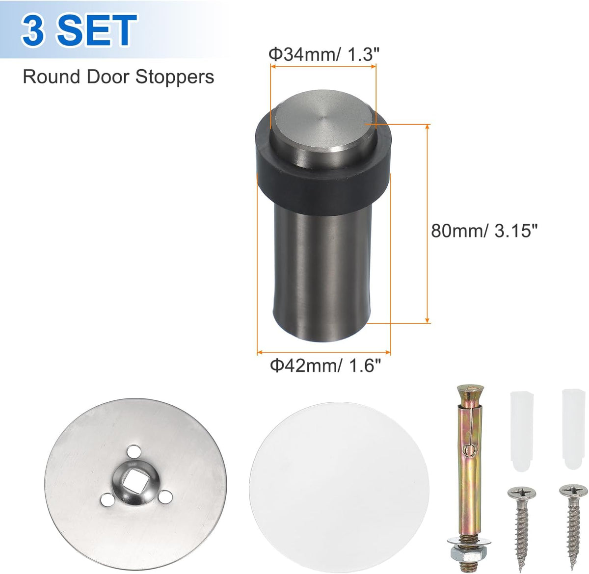 PATIKIL 3Set Round Door Stoppers, 80mm Stainless Steel Door Stop Doorstop Wedge Metal Cylinder Self