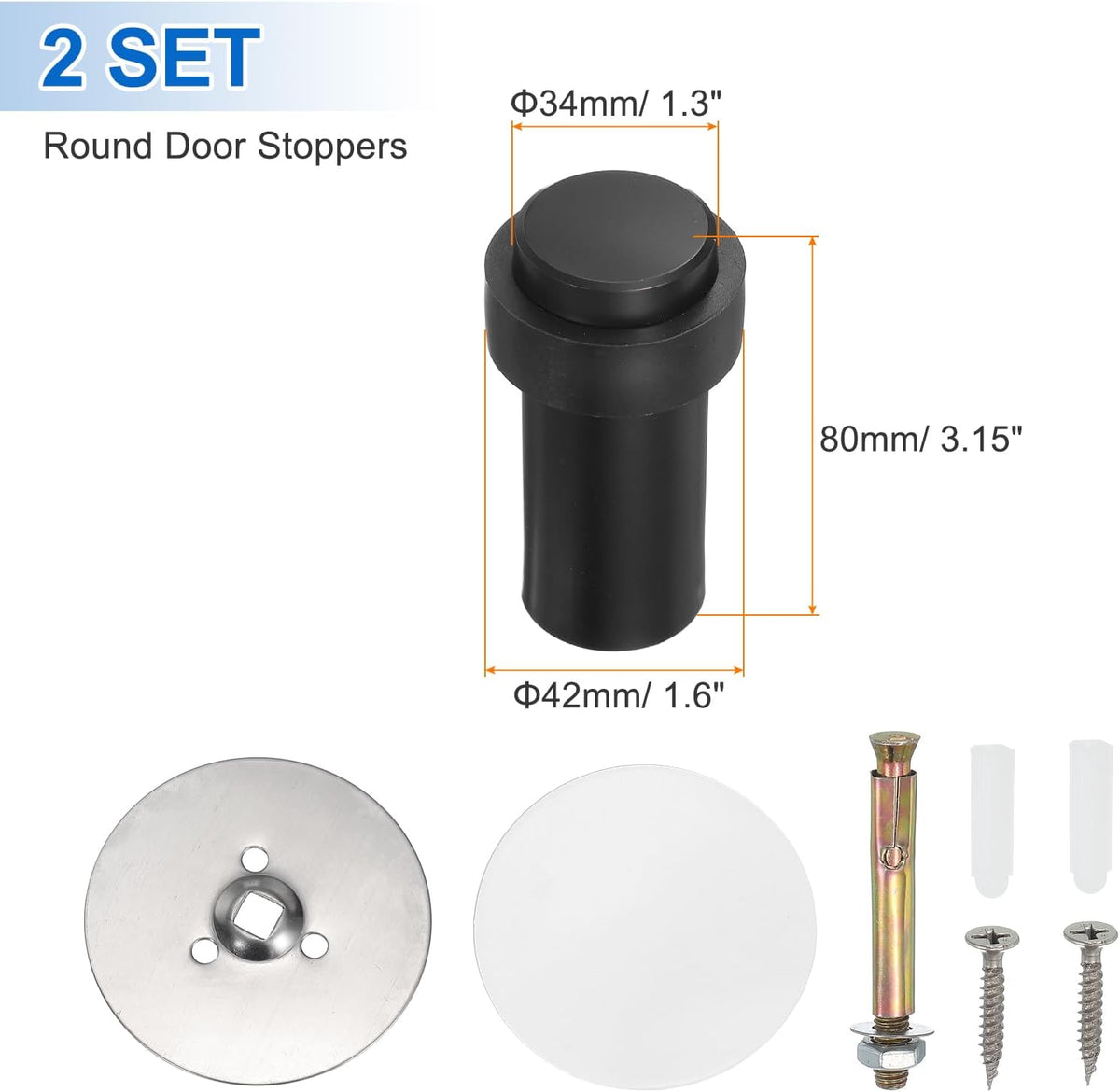 PATIKIL 2Set Round Door Stoppers, 80mm Stainless Steel Door Stop Doorstop Wedge Metal Cylinder Self