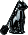Comeon Ceramic Cat White/Black Toilet Brush and Holder Set, Plastic Handled Scrub Brush for